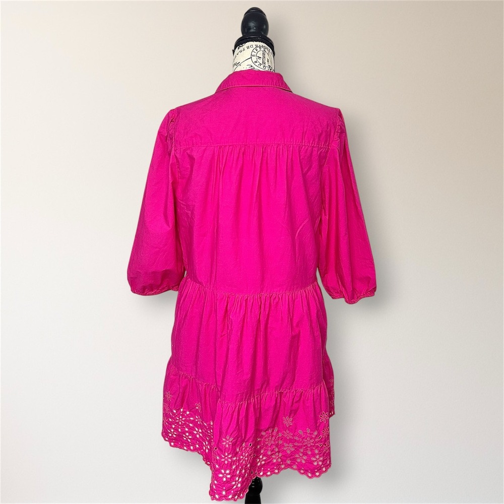 GAP Pink Eyelet Hem Cotton Shirt Mini Dress Sequin Heart Puff Sleeve Pockets - Picture 3 of 12